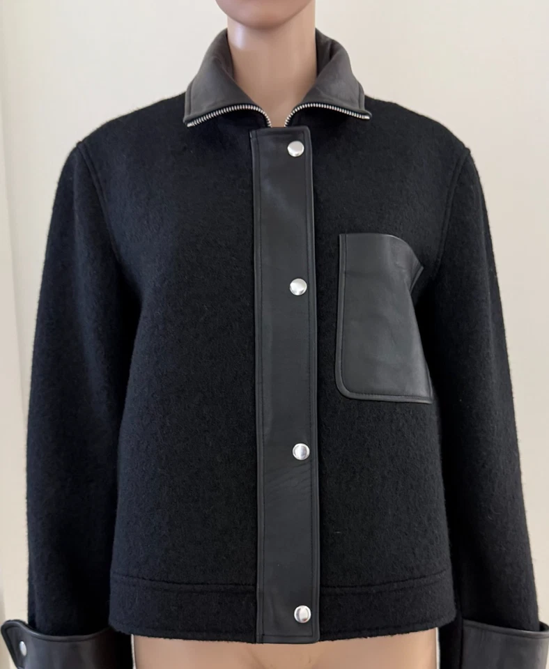 Chaqueta Blazer Club Monaco Para Mujer Talla XL Negra Lana Cuero Borde y Bolsillos Foto 2 de 4