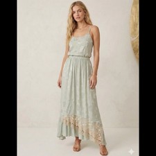 Vintage Whimsical Fairy Sage Green Floral Jacquard Asymmetric Lace Maxi Skirt 8