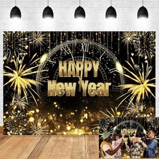 Glitter Happy New Year 2026 Photo Backdrop 10x8ft Black Gold 10x8ft,