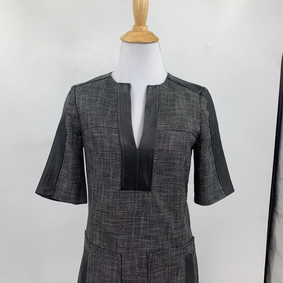 Nanette Lepore 连衣裙女式 0 灰色粗花呢皮革细节肘袖分领 — 第 3/4 张图片