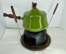 Vintage Fondue Set Mcm 1970s Green With Base Stand Pot Skewers Japan