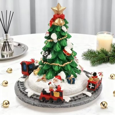 Rotating Musical Christmas Tree Figurine Resin Holiday Decoration w Santa Train
