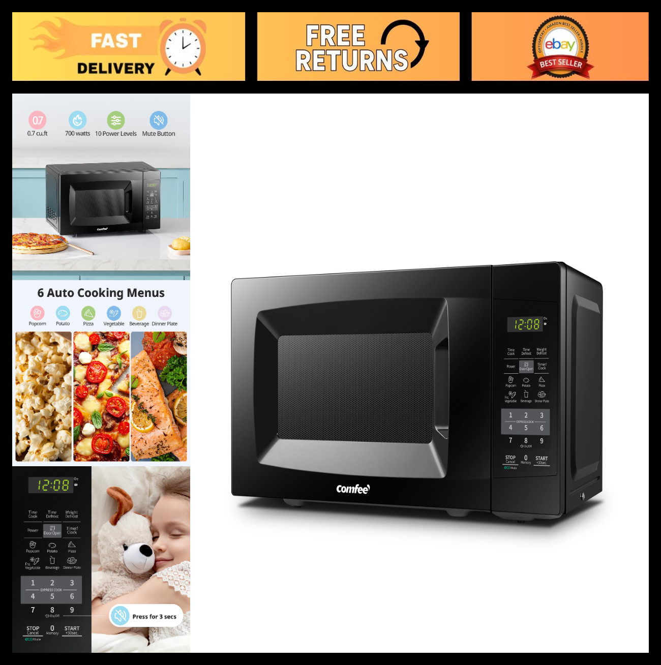 Countertop Microwave Oven 0.7 cu.ft, 700W, Sound On/Off, ECO Mode, Easy Buttons