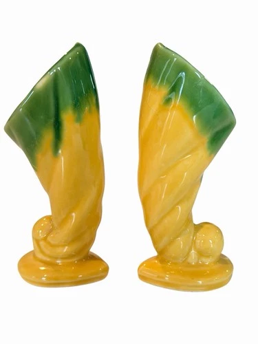 Set of 2 Vintage Shawnee USA 735 Cornucopia Bud Vases Yellow Green MCM Pottery
