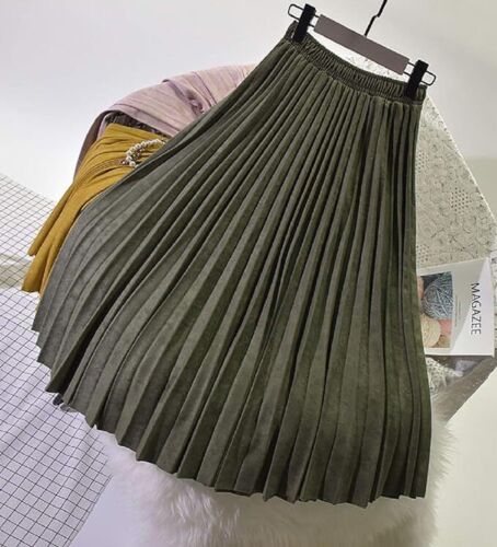Women's Suede Stretchy High Waist Velvet Pleated Ruffled Midi Long Swing Skirt - Picture 26 of 37