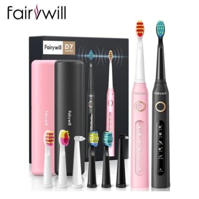 Fairywill 5 Modes 2PCS Sonic Electric Toothbrushes Rechargeable Plus Extras
