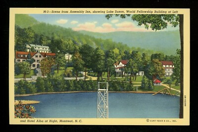 North Carolina NC postcard Montreat, Hotel Alba Assembly Inn Lake Susan linen