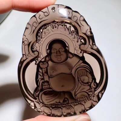 Natural ice Obsidian carving Maitreya Pendant 59*47*14mm AAAA