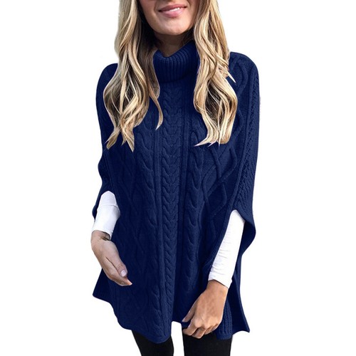Damen Herbst Winter Rollkragen Poncho Pullover Grobstrick Cape Wickelpullover Oberteil - Bild 55 von 72