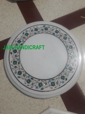 18'' White marble Coffee Center Table Top round Inlay malachite Mosaic Decor Hh12