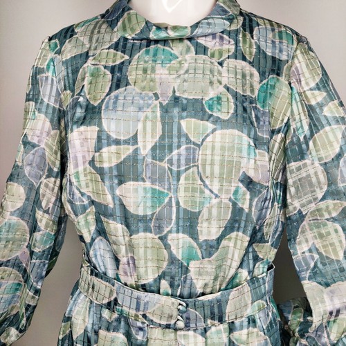 Maxi Vestido de Azafata con Cinturón Metálico Sedoso De Colección Años 70 Patrón Floral Azul Verde M - Imagen 5 de 12