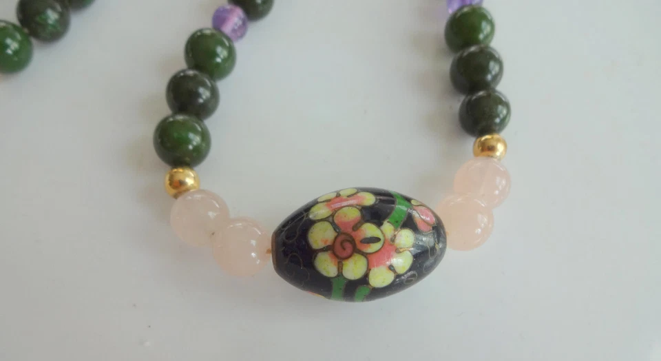 Antiguo Collar Chino Cloisonne Amatista y Jade Oro Relleno Cierre 22" de Largo Foto 3 de 4