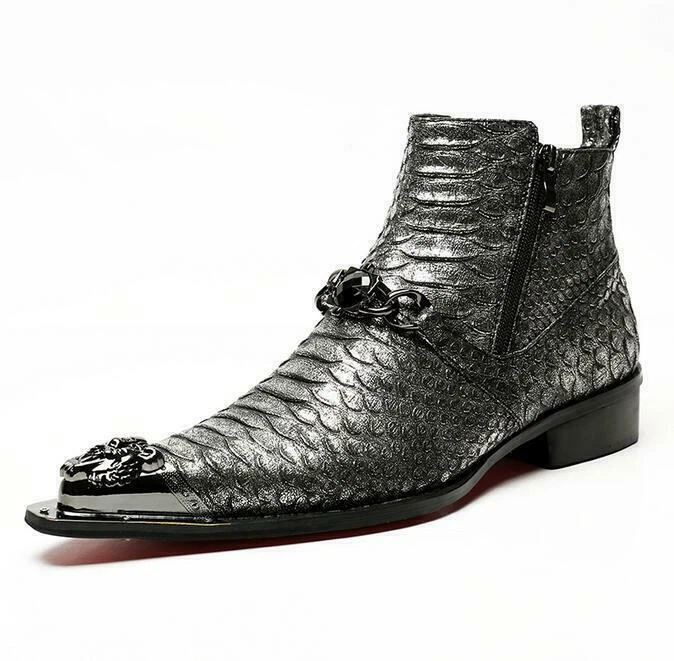 Zapatos de cuero elegantes con punta de ala puntiaguda cabeza de metal texturizado para hombre Foto 4 de 4