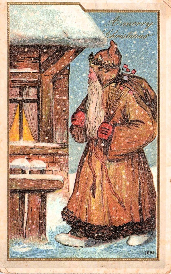 A genuine antique Christmas postcard featuring Santa in a gold robe with cryptic flag-and-stick imagery — the kind of beautifully strange holiday artifact that makes people do a double-take.