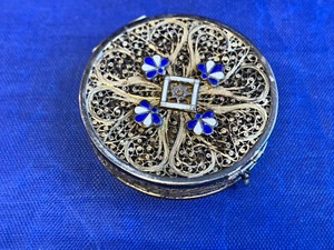 Antique Sterling Silver Filigree Pill Box 16.2g Trinket Blue & White Enamel