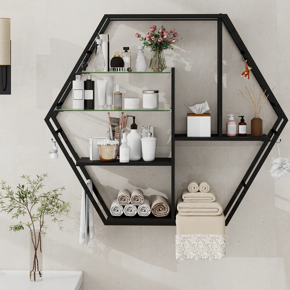 Wandregal Schweberegal mit Beleuchtung RGB Schwebendes Regal Schwarz 6 Haken - Bild 4 von 4