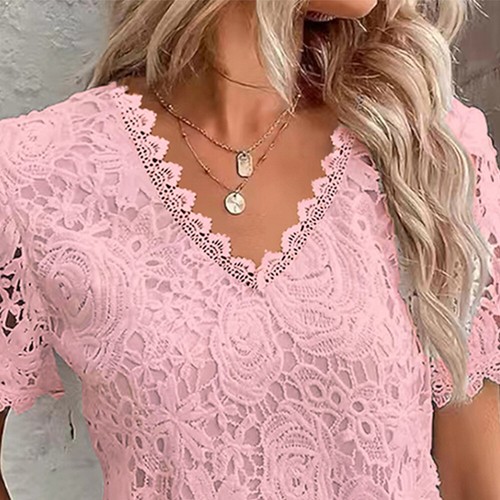 Womens V-Neck Lace T-Shirt Tops Ladies Short Sleeve Summer Casual Loose Blouse - Picture 7 of 22