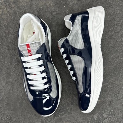 Prada America's Cup Men's Sneakers Navy Blue Grey Patent Leather Mesh Luxury Tra