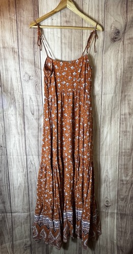 Womens Forever 21 Fit & Flare Sleeveless Long Dress Ruffle Floral Mustard Size L - Picture 8 of 8
