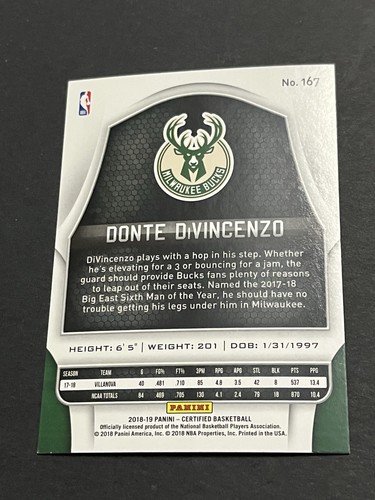 Donte DiVincenzo 2018-19 Certified Rookie #167 Milwaukee Bucks RC - Picture 2 of 2