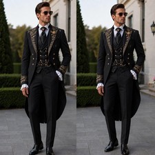 Men's Suits Black Gold Embroidered Tailcoat Luxury Royal Wedding Formal Outfit