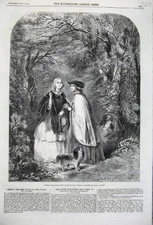 Original Old Antique Print 1860 Spring Cuckoo Women Woods Dog Trees Country
