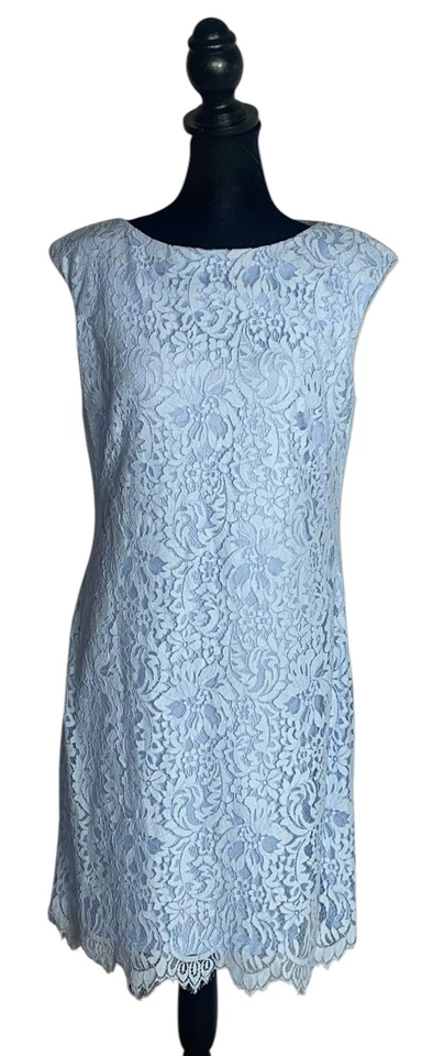 Chaps Womens Blue Lace Sheath Dress Floral Print Lined Size 10 Scalloped Hem - Image 2 of 4