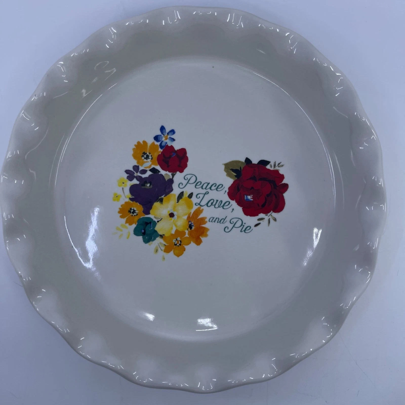the pioneer woman "peace love and pie" srineware pie dish with floral design