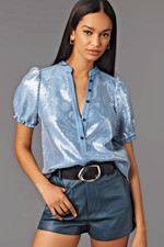 NWT Anthropologie PILCRO ALY LUSTER SEQUIN Puff-Sleeve Blouse TOP DENIM BLUE XL