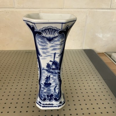 Vintage Delfter blaue achteckige Vase handbemalt Windmühle Holland 15 cm Dez 503