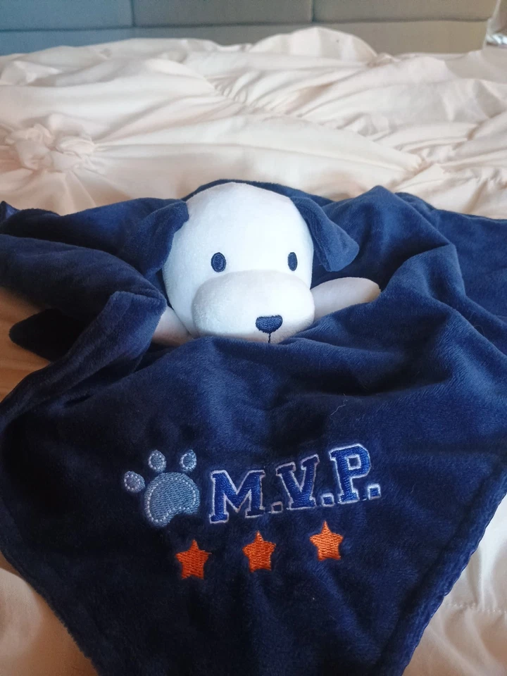 Manta de seguridad Baby Starters cachorro azul sonrisa Lovey satinado orejas traseras sonajero Foto 4 de 4