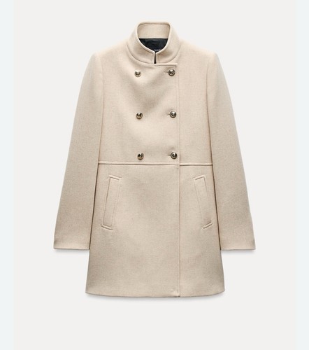 Zara Sand Wool Blend Double Breasted Coat Size XL UK18 New - Picture 7 of 7