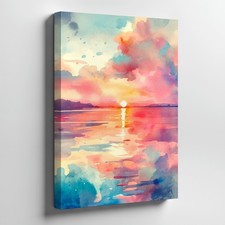 Colorful Sunset Landscape Canvas Wall Art Print Over Calm Water Scene Wall Home