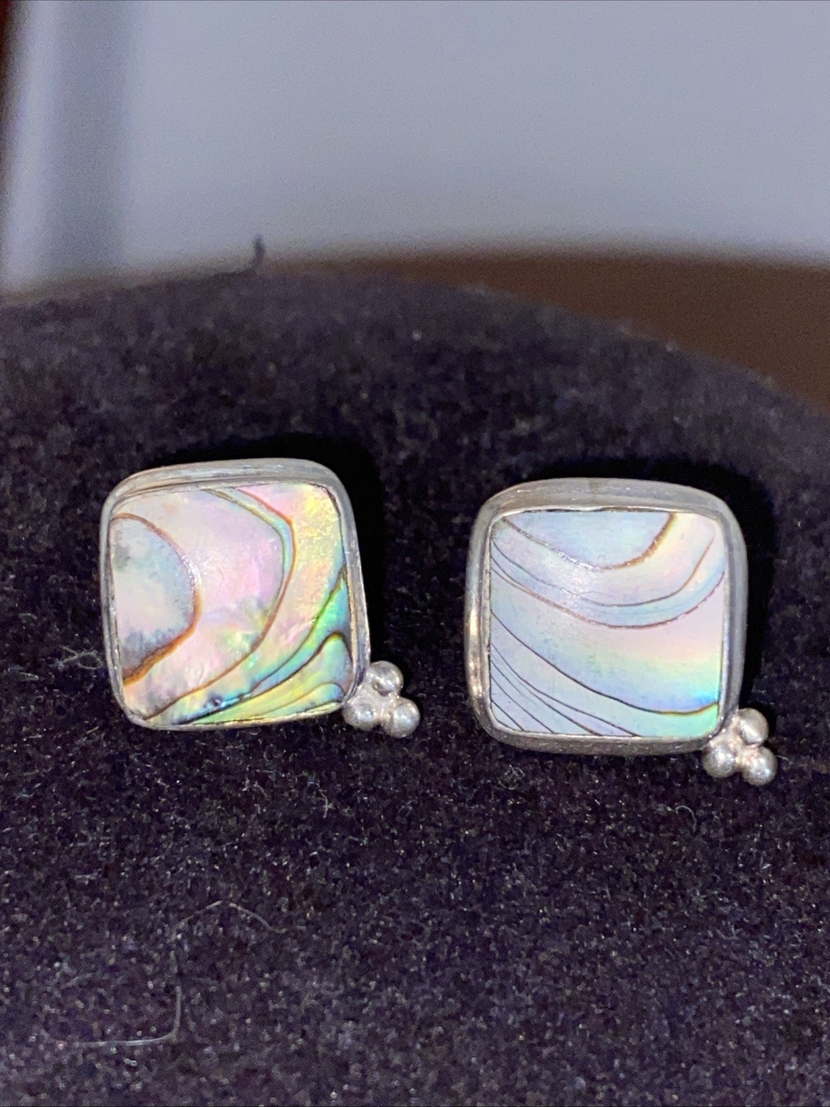Square Vintage Silver, Abalone Shell Inlay Earrings.nice With Wavy Pattern.