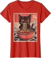 Kawaii Anime Cat Ramen Japanese Graphic for Cat Lover Ladies' Crewneck T-Shirt