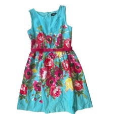 Chetta B Floral Turquoise Fit Flare Dress Size 6 Pink Belted Sleeveless Garden