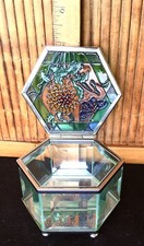 Vtg. Footed, Beveled Stained Glass Hex Butterfly Trinket Box / Mirrored Bottom