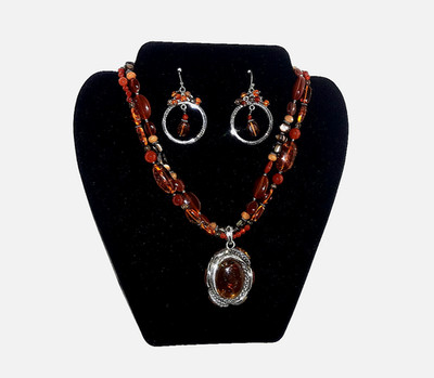Vintage 925 Silber Halskette Ohrringe Anhänger Barse Bernstein Multi Edelstein Cabochon