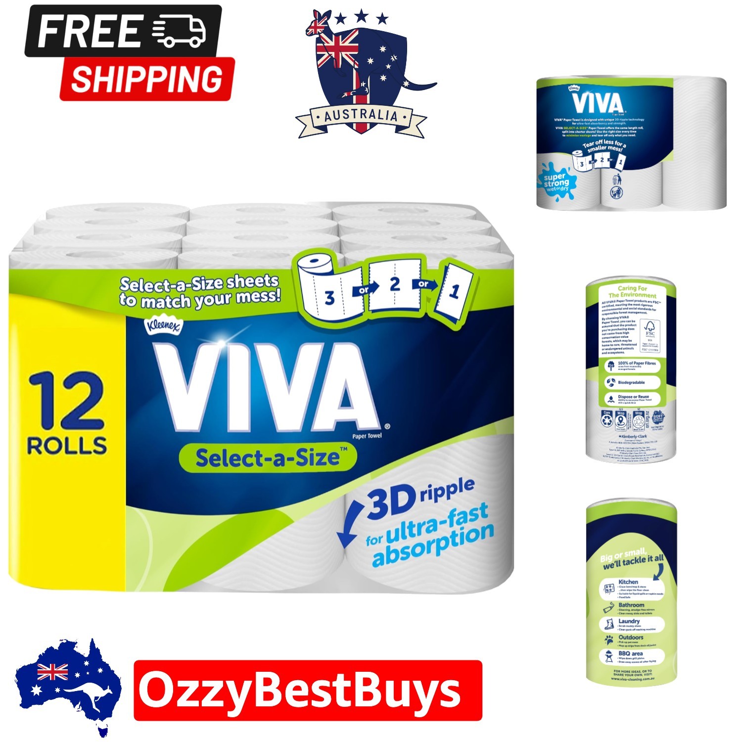 Adjustable Length Viva Select-A-Size Paper Towels - 12 Rolls, 90 Sheets Each