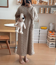 Women Ladies Winter Extra Long Crew Neck Dressing Gown Fleece Warm Pyjamas Soft