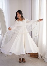 Women White Anarkali Suit Gown Dupatta Set Wedding Party Wear For Women