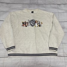 90s Warner Bros Studio Store Looney Tunes White Fleece Embroidered XL Sweatshirt