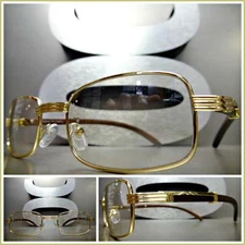 Men's Classy Elegant Retro Hip Hop Clear Lens EYE GLASSES Gold & Faux Wood Frame