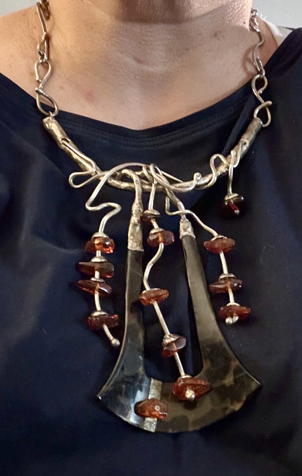 Artisan Signed Statement Necklace Amber Sterling … - image 2