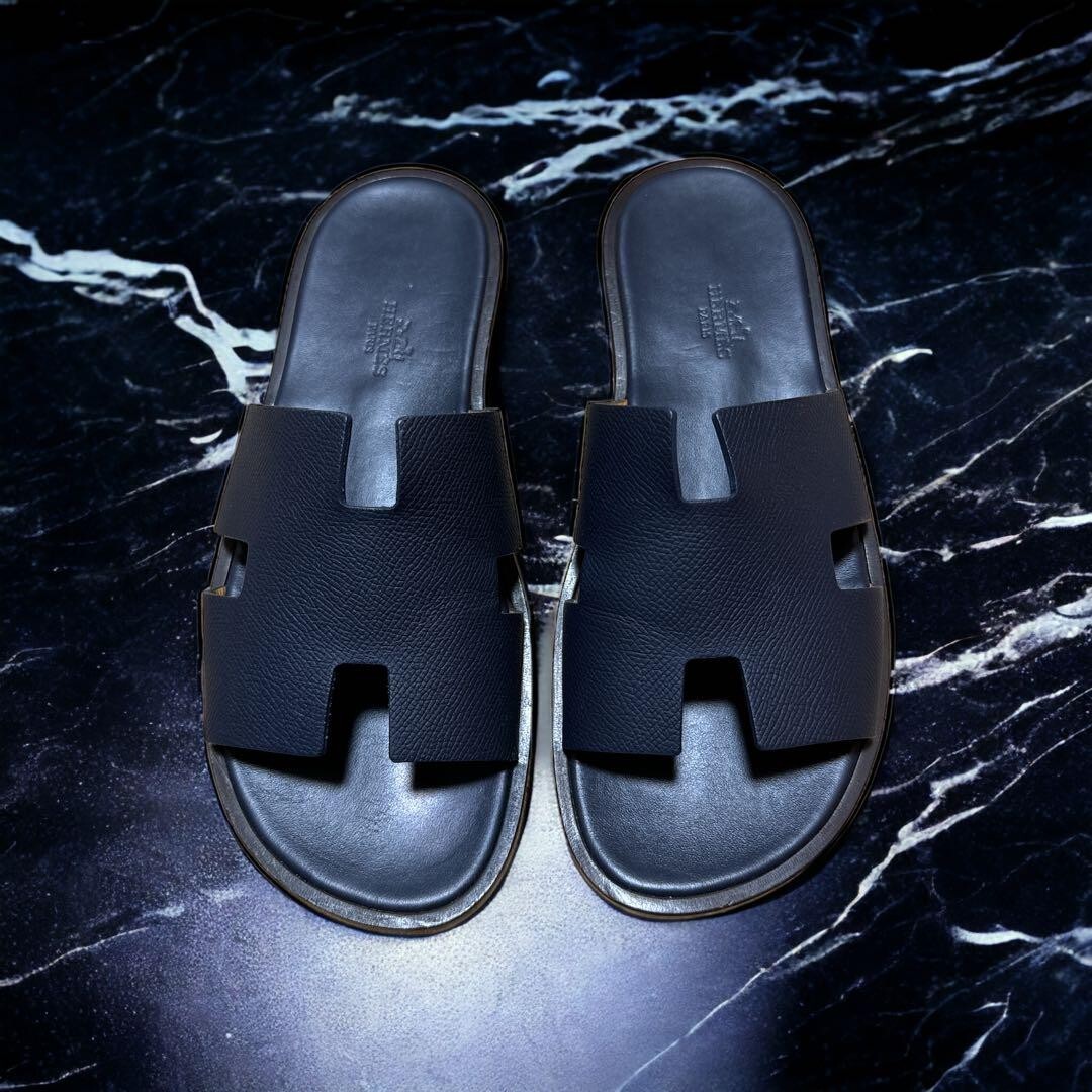 HERMES Izmir H Logo Flat Sandals Mules Shoes Men Size 40 Navy Blue