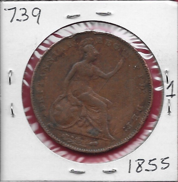 GREAT BRITAIN PENNY=1/12 SHILLING 1855 FIRST UNCOVERED BUST OF
