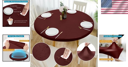 Elegant Double Fitted Burgundy Round Tablecloth - Waterproof & Stain-Resistant - Picture 2 of 9