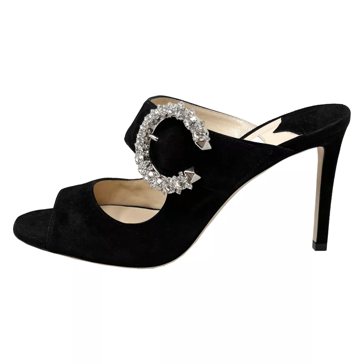 Jimmy Choo Saf Black Suede Crystal Embellished Buckle Sandal High