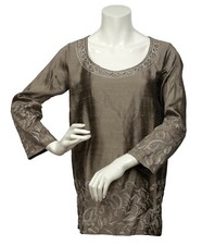Tunika Tunic Handbestickt Rohseide Seide Silk Taupe Handembroidered Paisley
