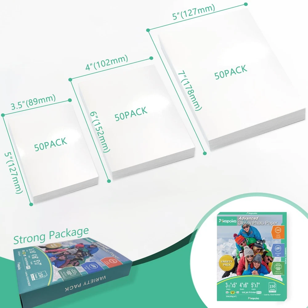Glossy Photo Paper 3.5x5 4x6 5x7 Inkjet Printer Paper 150 Sheets Bulk Variety Pack